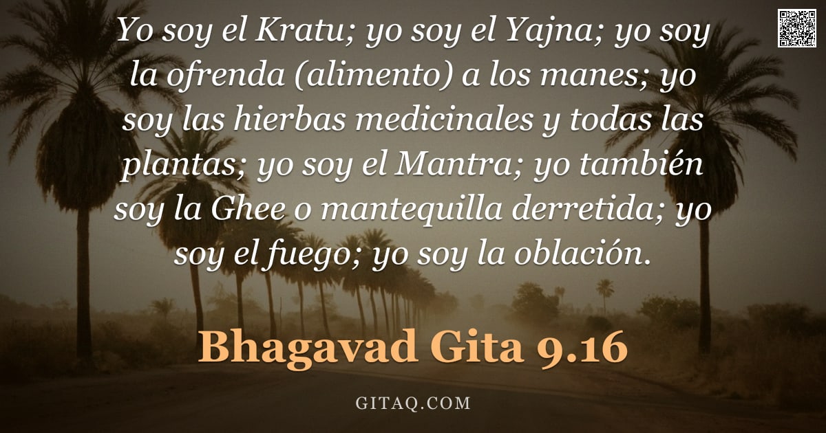 Bhagavad Gita 9.16 — "Yo soy el Kratu; yo soy el Yajna; yo soy la ofrenda (alimento) a los manes; yo soy las hierbas medic"