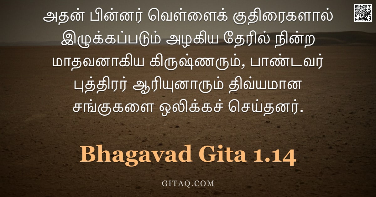 பகவத் கீதை 1.14 — "அதன் பின்னர் வெள்ளைக் குதிரைகளால் இழுக்கப்படும் அழகிய தேரில் நின்ற மாதவனாகிய கிருஷ்ணரும், பாண்டவர் ப"