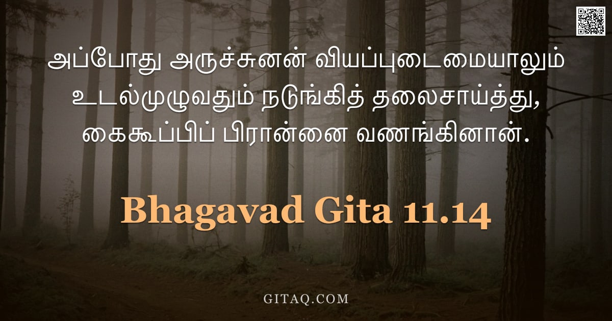 பகவத் கீதை 11.14 — "அப்போது அருச்சுனன் வியப்புடைமையாலும் உடல்முழுவதும் நடுங்கித் தலைசாய்த்து, கைகூப்பிப் பிரான்னை வணங்கி"