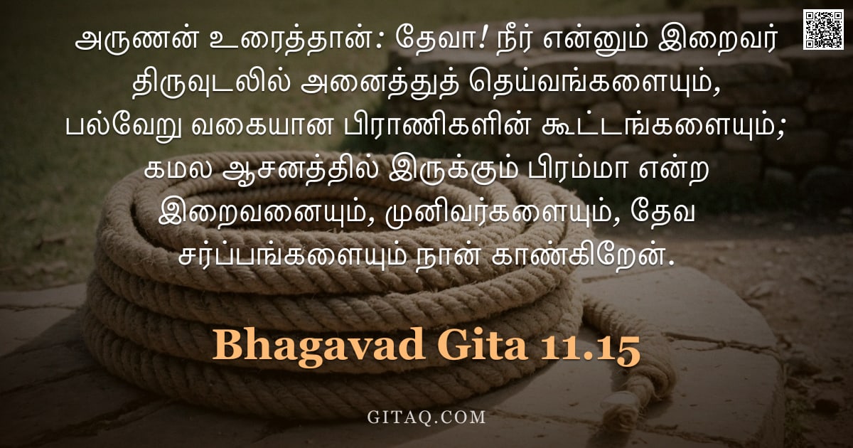 பகவத் கீதை 11.15 — "அருணன் உரைத்தான்: தேவா! நீர் என்னும் இறைவர் திருவுடலில் அனைத்துத் தெய்வங்களையும், பல்வேறு வகையான பிர"