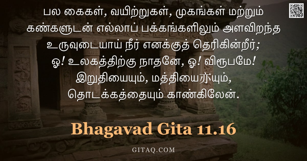 பகவத் கீதை 11.16 — "பல கைகள், வயிற்றுகள், முகங்கள் மற்றும் கண்களுடன் எல்லாப் பக்கங்களிலும் அளவிறந்த உருவுடையாய் நீர் எனக"