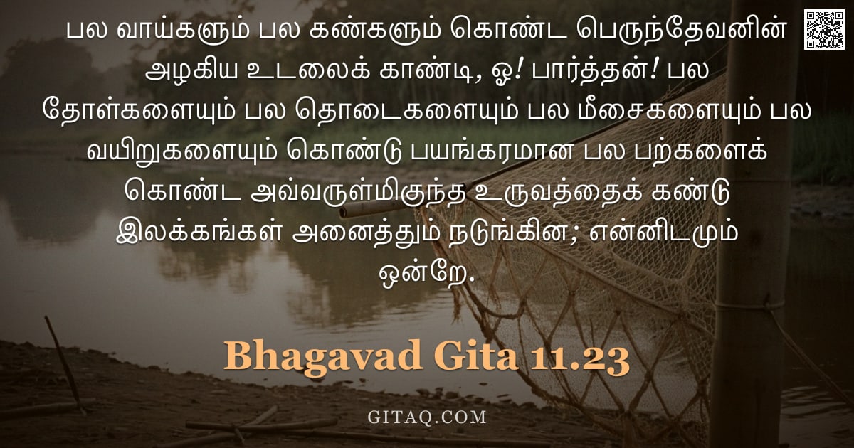 பகவத் கீதை 11.23 — "பல வாய்களும் பல கண்களும் கொண்ட பெருந்தேவனின் அழகிய உடலைக் காண்டி, ஓ! பார்த்தன்! பல தோள்களையும் பல தொ"