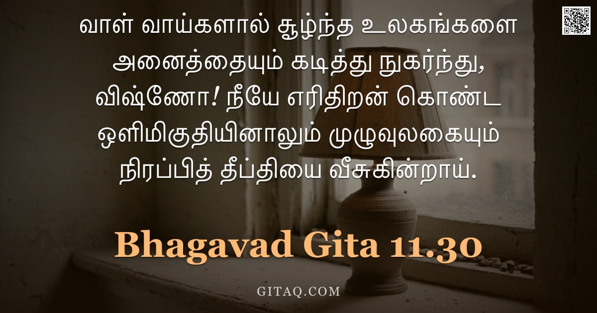 பகவத் கீதை 11.30 — "வாள் வாய்களால் சூழ்ந்த உலகங்களை அனைத்தையும் கடித்து நுகர்ந்து, விஷ்ணோ! நீயே எரிதிறன் கொண்ட ஒளிமிகுதி"