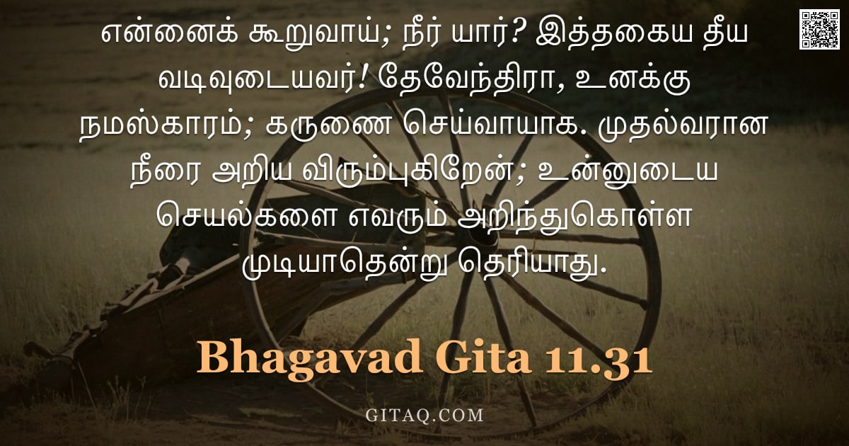பகவத் கீதை 11.31 — "என்னைக் கூறுவாய்; நீர் யார்? இத்தகைய தீய வடிவுடையவர்! தேவேந்திரா, உனக்கு நமஸ்காரம்; கருணை செய்வாயாக."