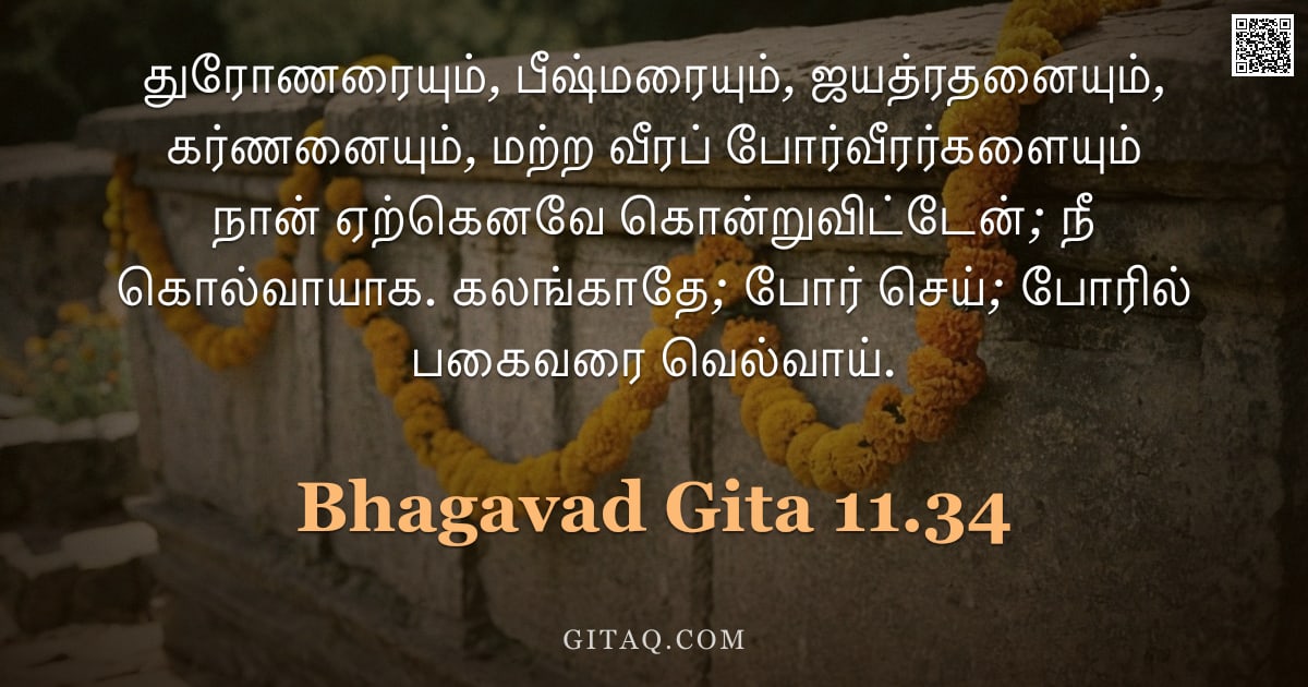 பகவத் கீதை 11.34 — "துரோணரையும், பீஷ்மரையும், ஜயத்ரதனையும், கர்ணனையும், மற்ற வீரப் போர்வீரர்களையும் நான் ஏற்கெனவே கொன்று"