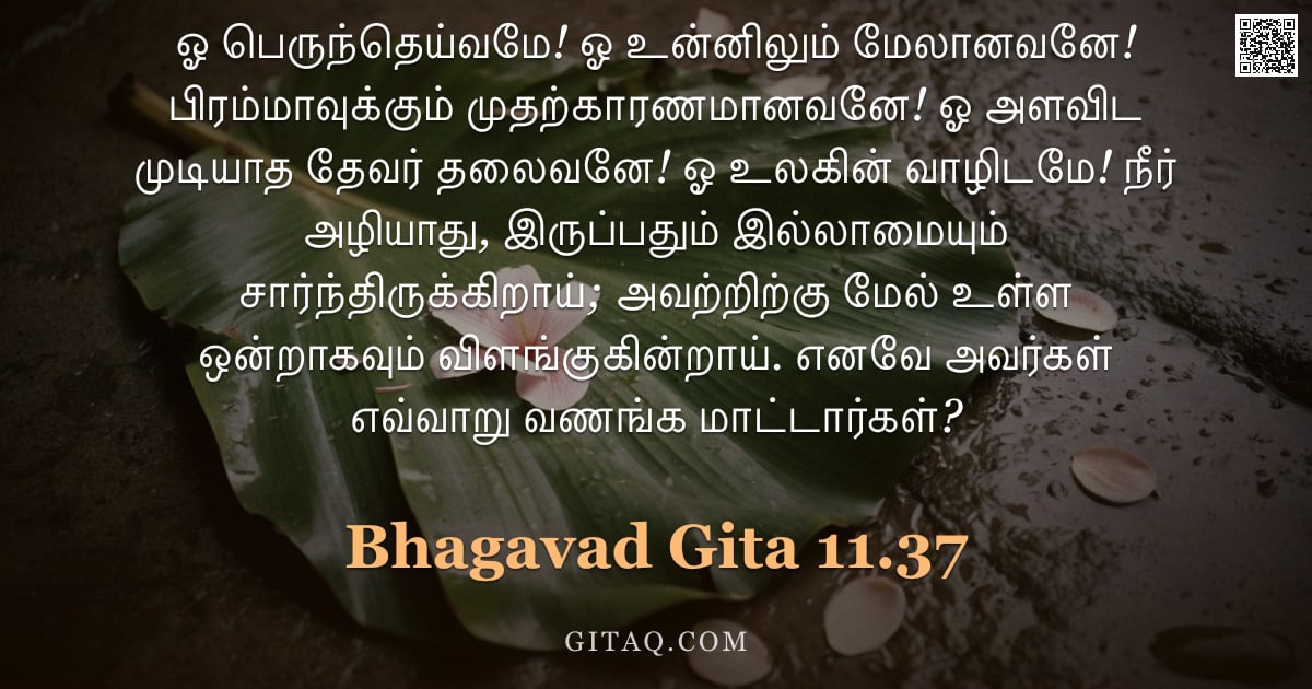 பகவத் கீதை 11.37 — "ஓ பெருந்தெய்வமே! ஓ உன்னிலும் மேலானவனே! பிரம்மாவுக்கும் முதற்காரணமானவனே! ஓ அளவிட முடியாத தேவர் தலைவனே"