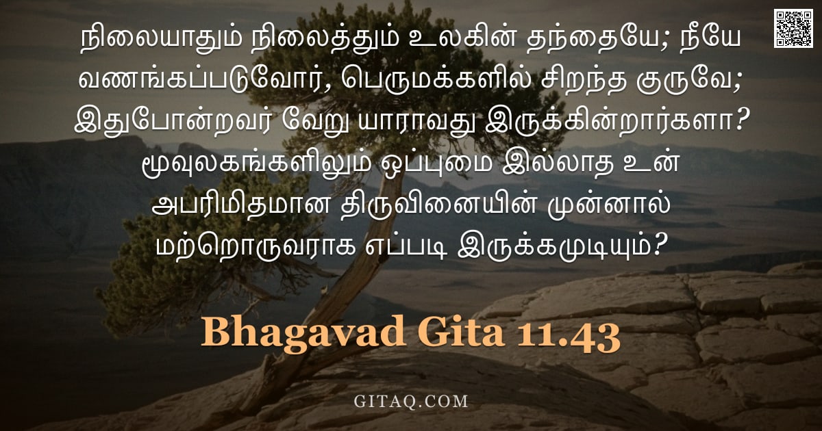 பகவத் கீதை 11.43 — "நிலையாதும் நிலைத்தும் உலகின் தந்தையே; நீயே வணங்கப்படுவோர், பெருமக்களில் சிறந்த குருவே; இதுபோன்றவர் வ"