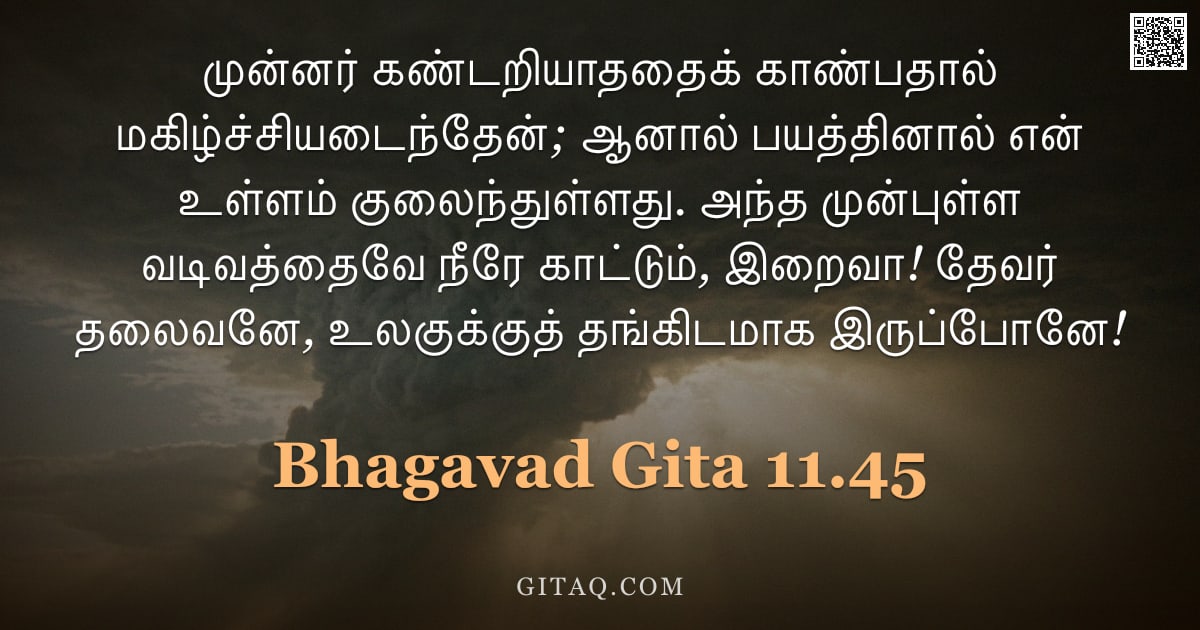பகவத் கீதை 11.45 — "முன்னர் கண்டறியாததைக் காண்பதால் மகிழ்ச்சியடைந்தேன்; ஆனால் பயத்தினால் என் உள்ளம் குலைந்துள்ளது. அந்த "