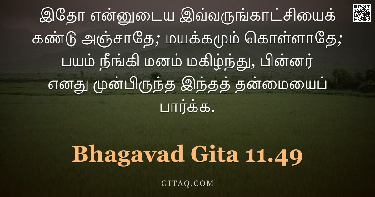 பகவத் கீதை 11.49 — "இதோ என்னுடைய இவ்வருங்காட்சியைக் கண்டு அஞ்சாதே; மயக்கமும் கொள்ளாதே; பயம் நீங்கி மனம் மகிழ்ந்து, பின்ன"