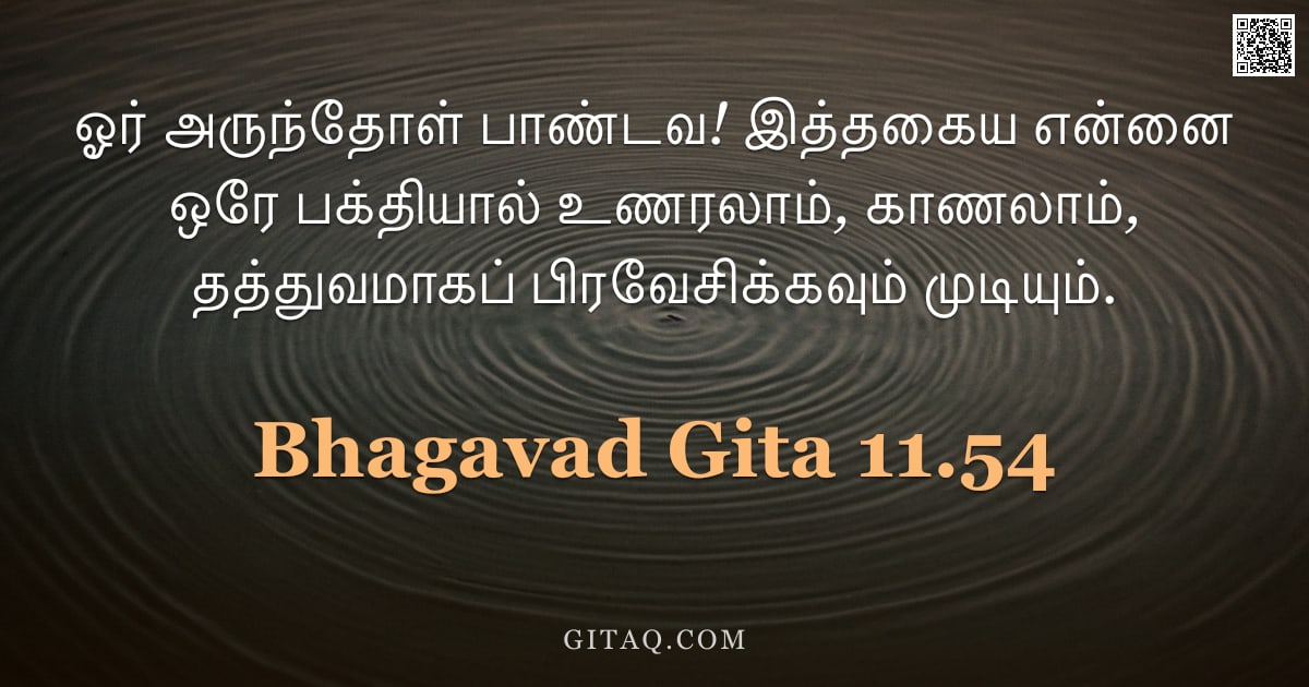 பகவத் கீதை 11.54 — "ஓர் அருந்தோள் பாண்டவ! இத்தகைய என்னை ஒரே பக்தியால் உணரலாம், காணலாம், தத்துவமாகப் பிரவேசிக்கவும் முடிய"