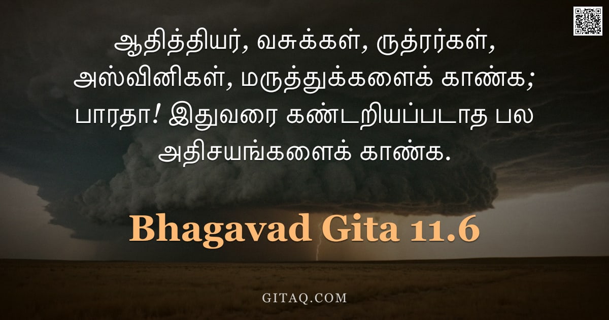 பகவத் கீதை 11.6 — "ஆதித்தியர், வசுக்கள், ருத்ரர்கள், அஸ்வினிகள், மருத்துக்களைக் காண்க; பாரதா! இதுவரை கண்டறியப்படாத பல அ"