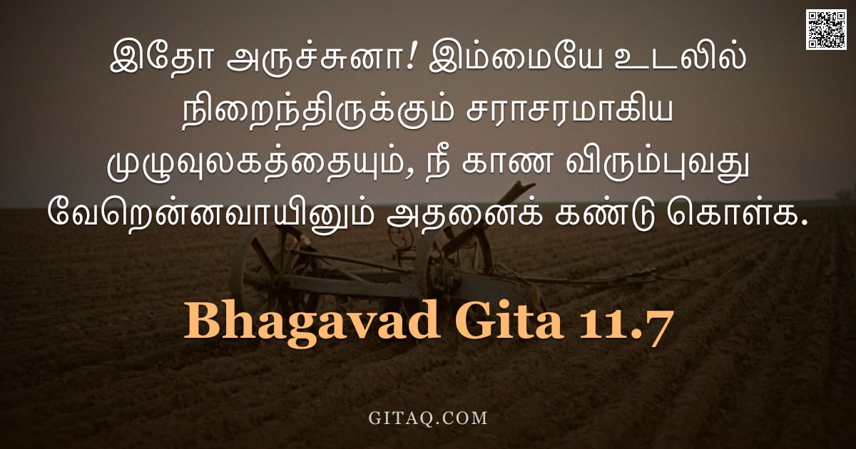 பகவத் கீதை 11.7 — "இதோ அருச்சுனா! இம்மையே உடலில் நிறைந்திருக்கும் சராசரமாகிய முழுவுலகத்தையும், நீ காண விரும்புவது வேறென"