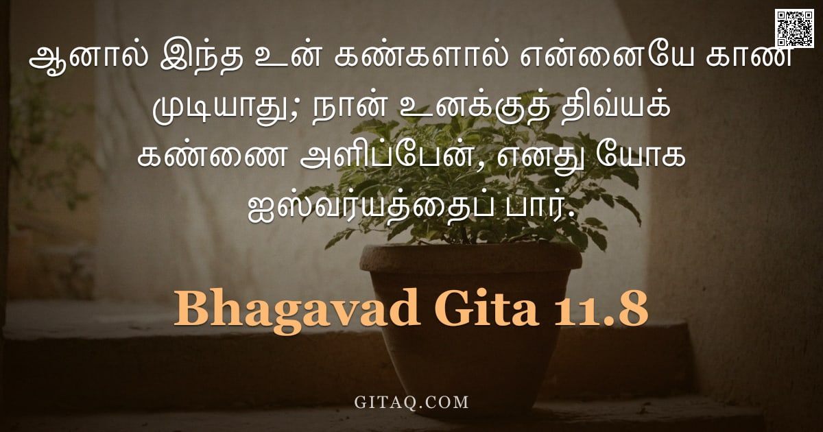 பகவத் கீதை 11.8 — "ஆனால் இந்த உன் கண்களால் என்னையே காண முடியாது; நான் உனக்குத் திவ்யக் கண்ணை அளிப்பேன், எனது யோக ஐஸ்வர்"