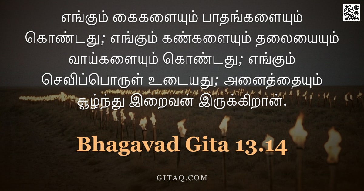 பகவத் கீதை 13.14 — "எங்கும் கைகளையும் பாதங்களையும் கொண்டது; எங்கும் கண்களையும் தலையையும் வாய்களையும் கொண்டது; எங்கும் செ"