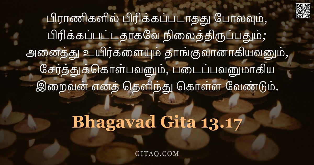 பகவத் கீதை 13.17 — "பிராணிகளில் பிரிக்கப்படாதது போலவும், பிரிக்கப்பட்டதாகவே நிலைத்திருப்பதும்; அனைத்து உயிர்களையும் தாங்"