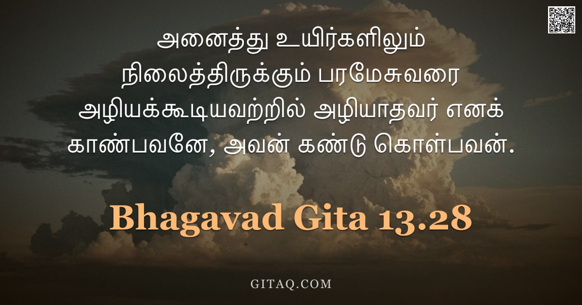 பகவத் கீதை 13.28 — "அனைத்து உயிர்களிலும் நிலைத்திருக்கும் பரமேசுவரை அழியக்கூடியவற்றில் அழியாதவர் எனக் காண்பவனே, அவன் கண்"