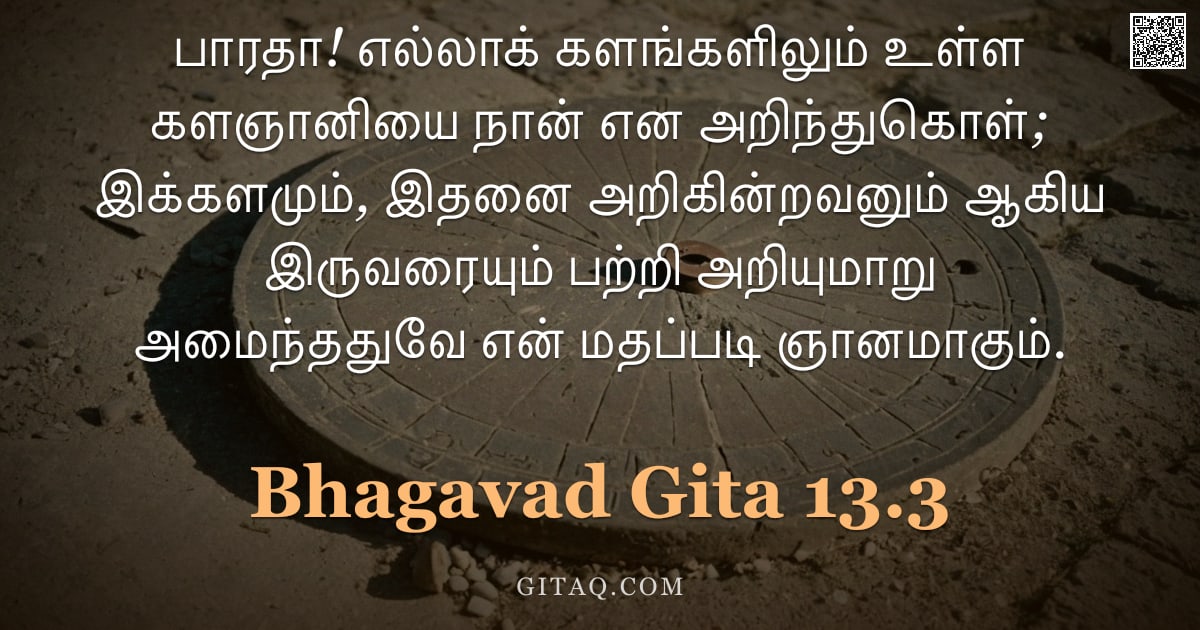 பகவத் கீதை 13.3 — "பாரதா! எல்லாக் களங்களிலும் உள்ள களஞானியை நான் என அறிந்துகொள்; இக்களமும், இதனை அறிகின்றவனும் ஆகிய இரு"