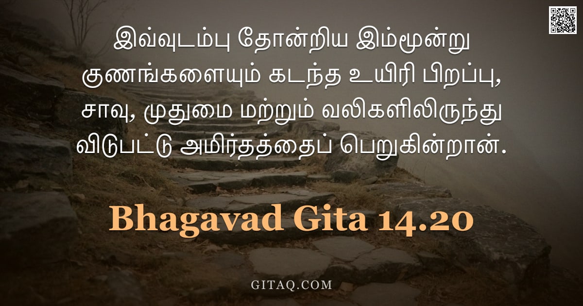 பகவத் கீதை 14.20 — "இவ்வுடம்பு தோன்றிய இம்மூன்று குணங்களையும் கடந்த உயிரி பிறப்பு, சாவு, முதுமை மற்றும் வலிகளிலிருந்து வ"
