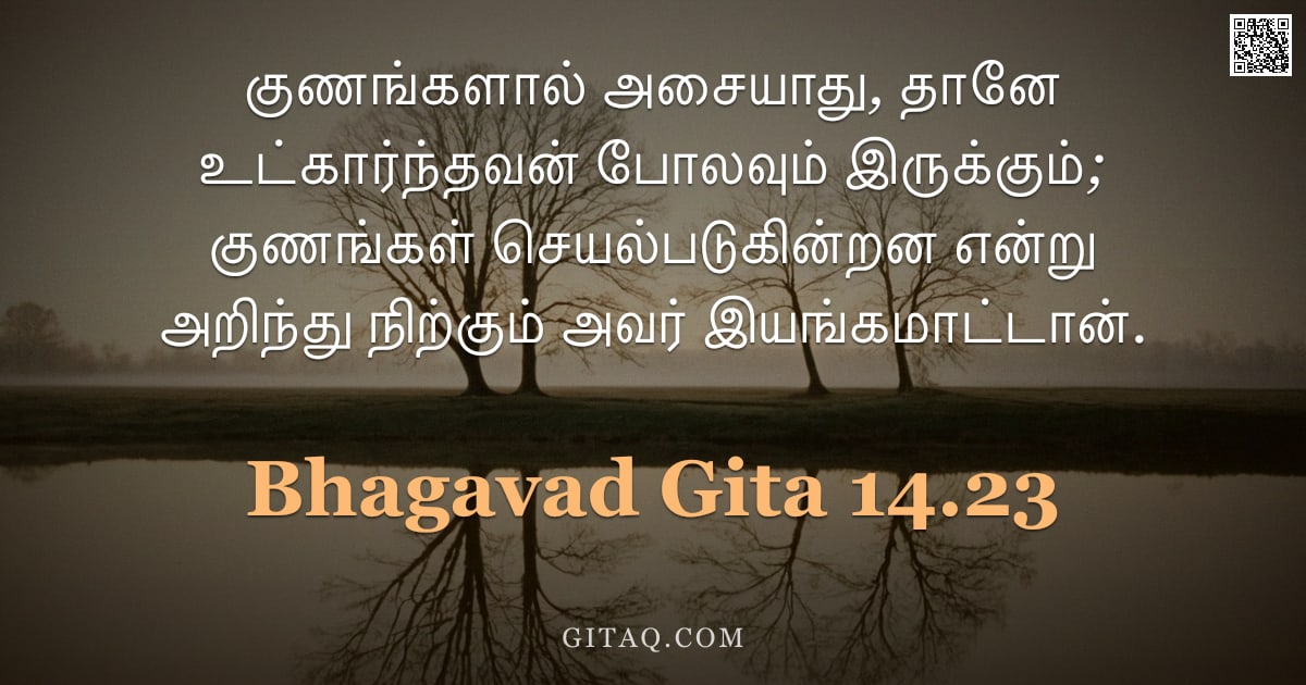 பகவத் கீதை 14.23 — "குணங்களால் அசையாது, தானே உட்கார்ந்தவன் போலவும் இருக்கும்; குணங்கள் செயல்படுகின்றன என்று அறிந்து நிற்"
