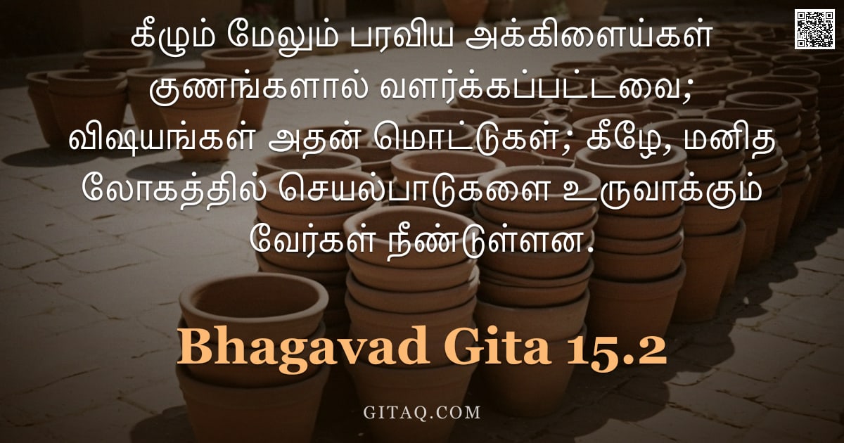 பகவத் கீதை 15.2 — "கீழும் மேலும் பரவிய அக்கிளைய்கள் குணங்களால் வளர்க்கப்பட்டவை; விஷயங்கள் அதன் மொட்டுகள்; கீழே, மனித லோ"
