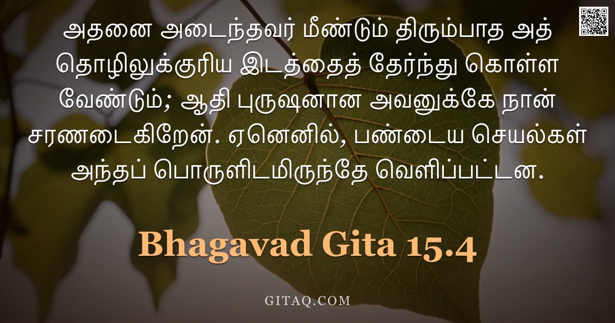 பகவத் கீதை 15.4 — "அதனை அடைந்தவர் மீண்டும் திரும்பாத அத் தொழிலுக்குரிய இடத்தைத் தேர்ந்து கொள்ள வேண்டும்; ஆதி புருஷனான அ"