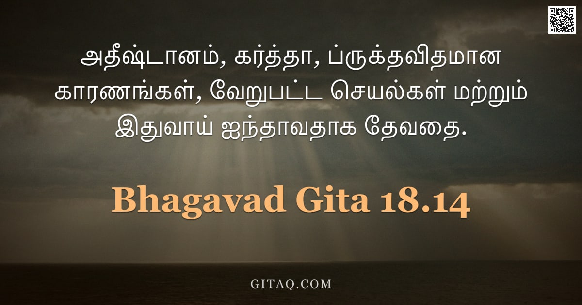 பகவத் கீதை 18.14 — "அதீஷ்டானம், கர்த்தா, ப்ருக்தவிதமான காரணங்கள், வேறுபட்ட செயல்கள் மற்றும் இதுவாய் ஐந்தாவதாக தேவதை."