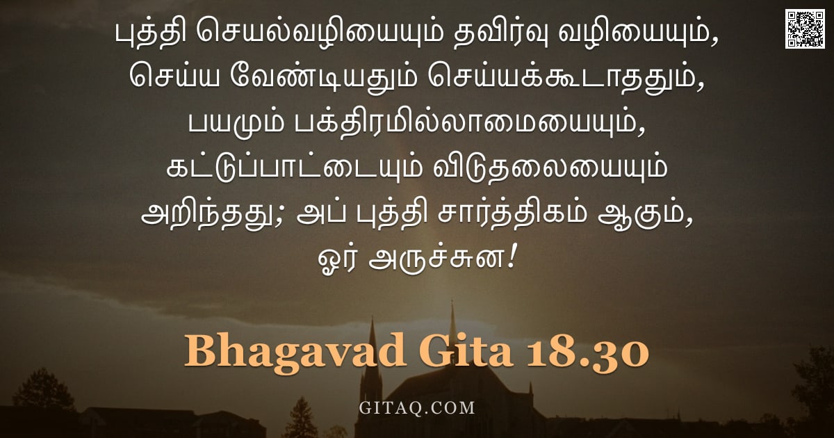 பகவத் கீதை 18.30 — "புத்தி செயல்வழியையும் தவிர்வு வழியையும், செய்ய வேண்டியதும் செய்யக்கூடாததும், பயமும் பக்திரமில்லாமையை"