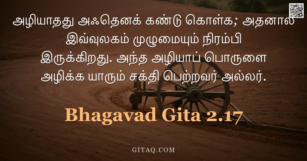 பகவத் கீதை 2.17 — "அழியாதது அஃதெனக் கண்டு கொள்க; அதனால் இவ்வுலகம் முழுமையும் நிரம்பி இருக்கிறது. அந்த அழியாப் பொருளை அழ"