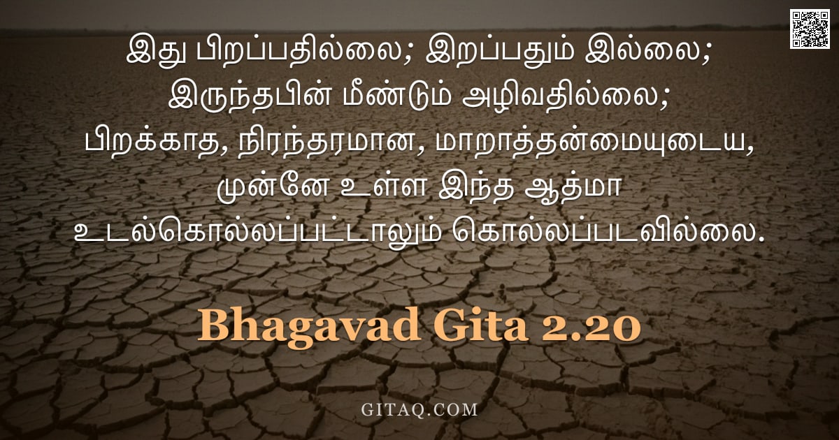 பகவத் கீதை 2.20 — "இது பிறப்பதில்லை; இறப்பதும் இல்லை; இருந்தபின் மீண்டும் அழிவதில்லை; பிறக்காத, நிரந்தரமான, மாறாத்தன்மை"