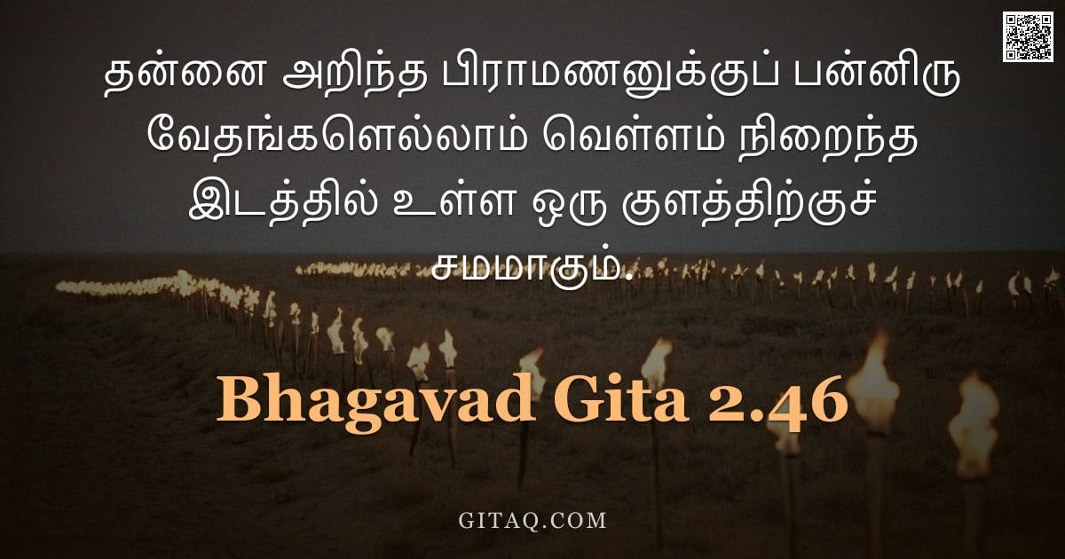 பகவத் கீதை 2.46 — "தன்னை அறிந்த பிராமணனுக்குப் பன்னிரு வேதங்களெல்லாம் வெள்ளம் நிறைந்த இடத்தில் உள்ள ஒரு குளத்திற்குச் ச"