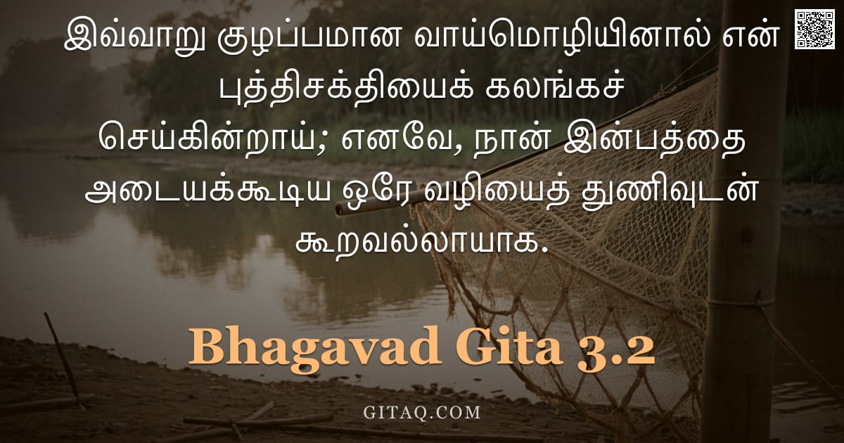 பகவத் கீதை 3.2 — "இவ்வாறு குழப்பமான வாய்மொழியினால் என் புத்திசக்தியைக் கலங்கச் செய்கின்றாய்; எனவே, நான் இன்பத்தை அடையக"