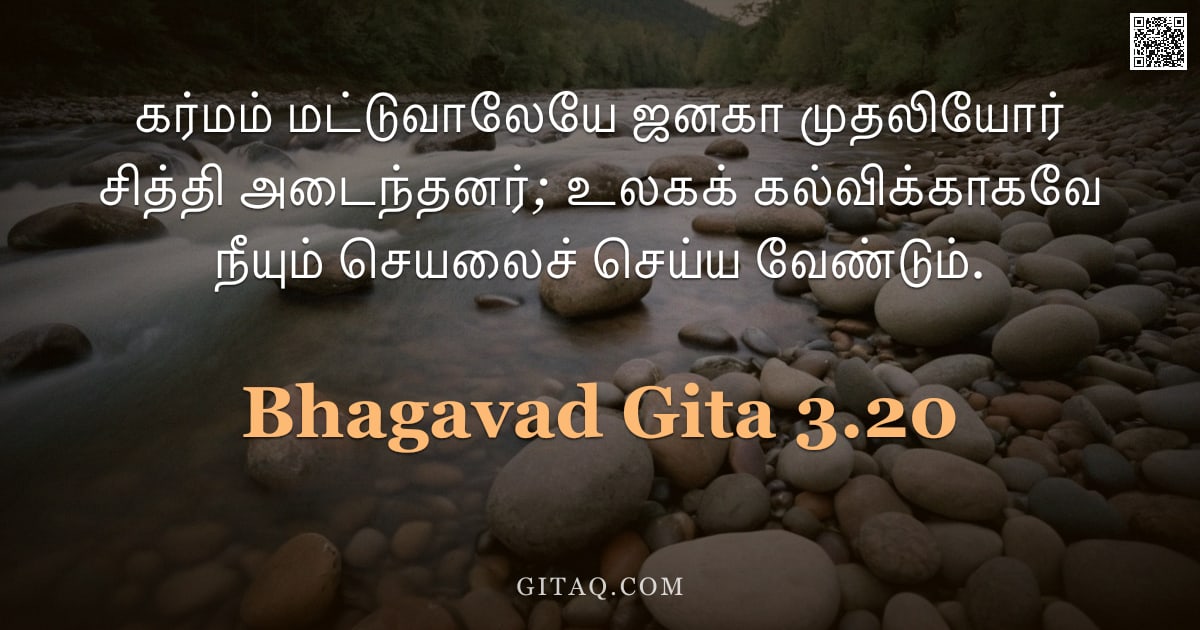 பகவத் கீதை 3.20 — "கர்மம் மட்டுவாலேயே ஜனகா முதலியோர் சித்தி அடைந்தனர்; உலகக் கல்விக்காகவே நீயும் செயலைச் செய்ய வேண்டும்"