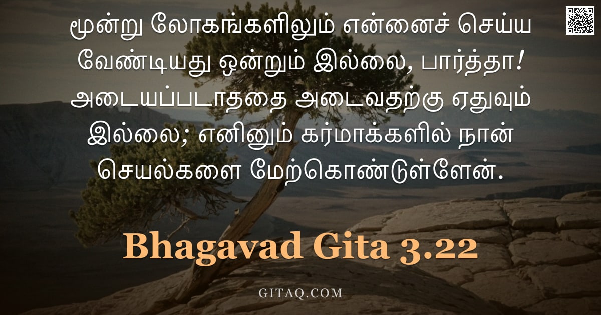 பகவத் கீதை 3.22 — "மூன்று லோகங்களிலும் என்னைச் செய்ய வேண்டியது ஒன்றும் இல்லை, பார்த்தா! அடையப்படாததை அடைவதற்கு ஏதுவும் "