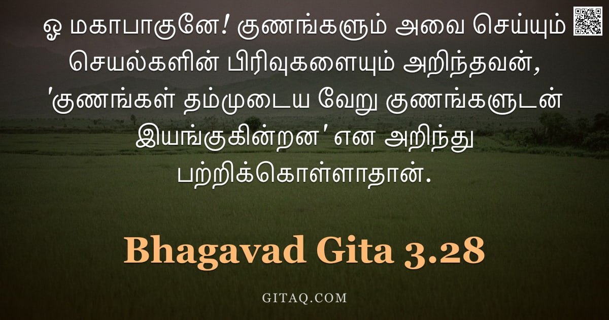 பகவத் கீதை 3.28 — "ஓ மகாபாகுனே! குணங்களும் அவை செய்யும் செயல்களின் பிரிவுகளையும் அறிந்தவன், 'குணங்கள் தம்முடைய வேறு குண"