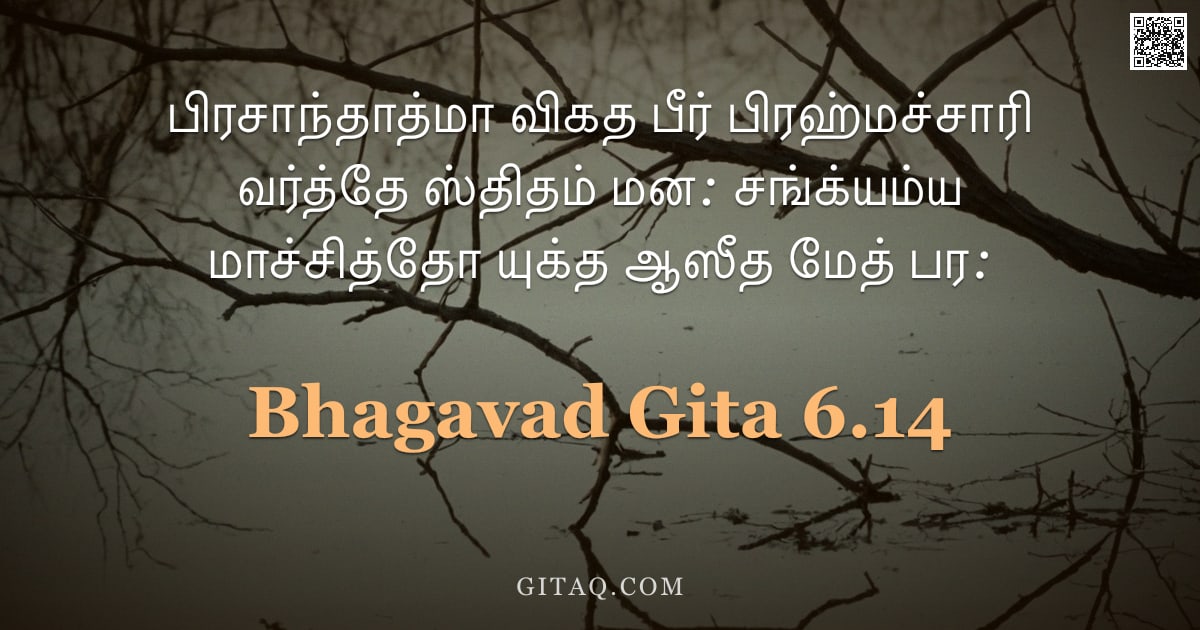 பகவத் கீதை 6.14 — "பிரசாந்தாத்மா விகத பீர் பிரஹ்மச்சாரி வர்த்தே ஸ்திதம் மன: சங்க்யம்ய மாச்சித்தோ யுக்த ஆஸீத மேத் பர:"