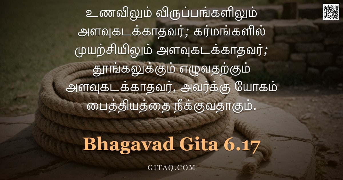 பகவத் கீதை 6.17 — "உணவிலும் விருப்பங்களிலும் அளவுகடக்காதவர்; கர்மங்களில் முயற்சியிலும் அளவுகடக்காதவர்; தூங்கலுக்கும் எழ"
