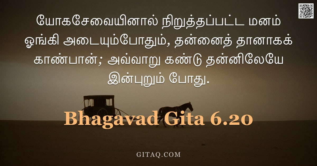 பகவத் கீதை 6.20 — "யோகசேவையினால் நிறுத்தப்பட்ட மனம் ஓங்கி அடையும்போதும், தன்னைத் தானாகக் காண்பான்; அவ்வாறு கண்டு தன்னில"