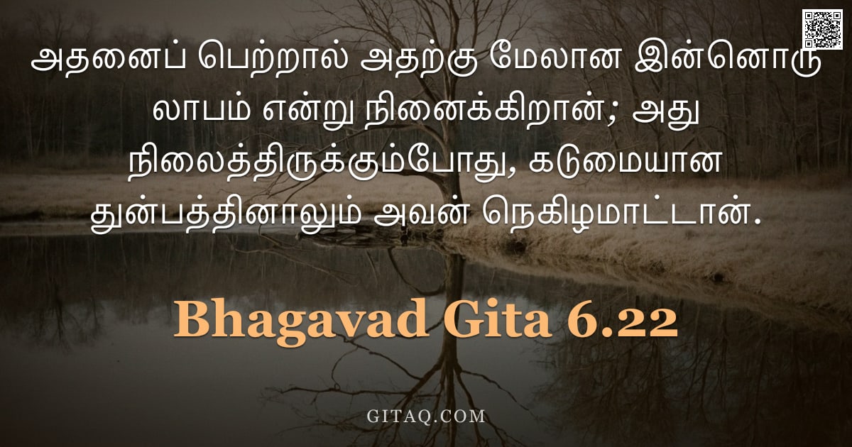 பகவத் கீதை 6.22 — "அதனைப் பெற்றால் அதற்கு மேலான இன்னொரு லாபம் என்று நினைக்கிறான்; அது நிலைத்திருக்கும்போது, கடுமையான து"