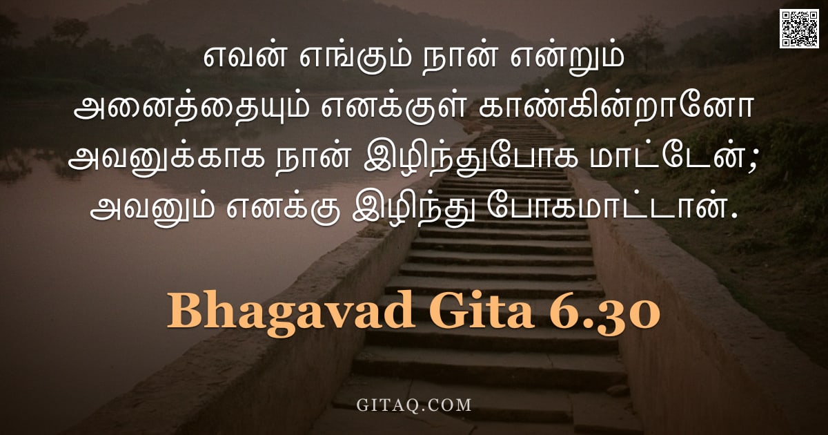 பகவத் கீதை 6.30 — "எவன் எங்கும் நான் என்றும் அனைத்தையும் எனக்குள் காண்கின்றானோ அவனுக்காக நான் இழிந்துபோக மாட்டேன்; அவனு"