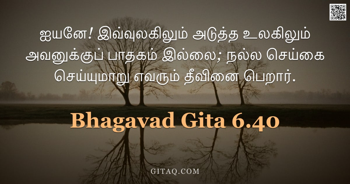 பகவத் கீதை 6.40 — "ஐயனே! இவ்வுலகிலும் அடுத்த உலகிலும் அவனுக்குப் பாதகம் இல்லை; நல்ல செய்கை செய்யுமாறு எவரும் தீவினை பெற"