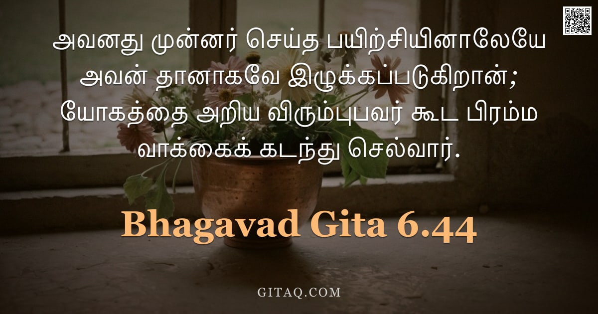பகவத் கீதை 6.44 — "அவனது முன்னர் செய்த பயிற்சியினாலேயே அவன் தானாகவே இழுக்கப்படுகிறான்; யோகத்தை அறிய விரும்புபவர் கூட பி"