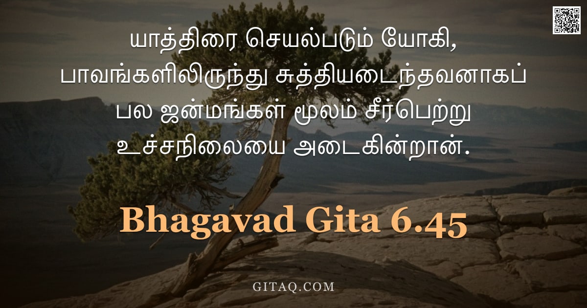 பகவத் கீதை 6.45 — "யாத்திரை செயல்படும் யோகி, பாவங்களிலிருந்து சுத்தியடைந்தவனாகப் பல ஜன்மங்கள் மூலம் சீர்பெற்று உச்சநிலை"