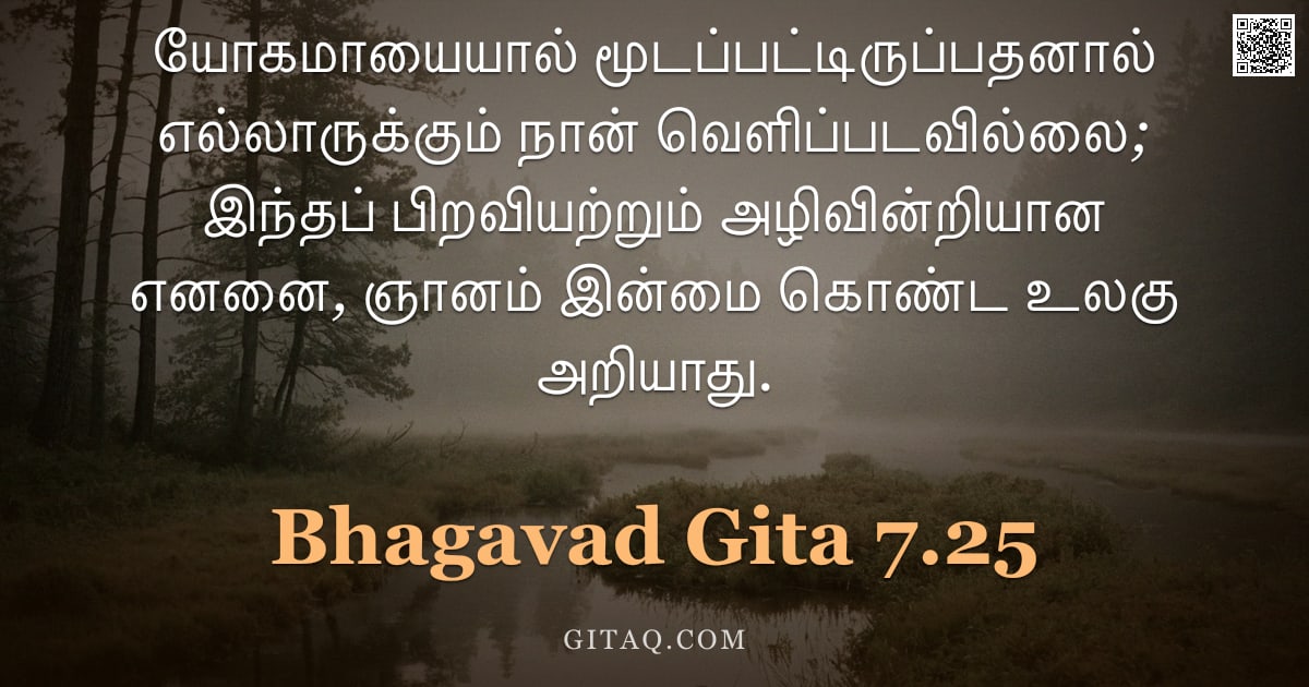 பகவத் கீதை 7.25 — "யோகமாயையால் மூடப்பட்டிருப்பதனால் எல்லாருக்கும் நான் வெளிப்படவில்லை; இந்தப் பிறவியற்றும் அழிவின்றியான"