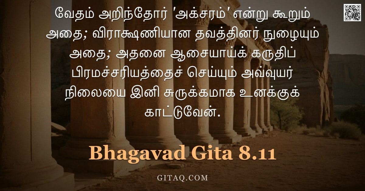 பகவத் கீதை 8.11 — "வேதம் அறிந்தோர் 'அக்சரம்' என்று கூறும் அதை; விராக்ஷணியான தவத்தினர் நுழையும் அதை; அதனை ஆசையாய்க் கருத"
