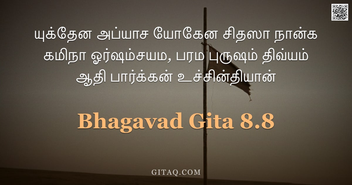 பகவத் கீதை 8.8 — "யுக்தேன அப்யாச யோகேன சிதஸா நான்க கமிநா ஓர்ஷம்சயம, பரம புருஷம் திவ்யம் ஆதி பார்க்கன் உச்சின்தியான்"