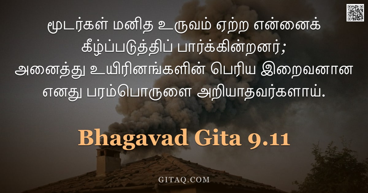 பகவத் கீதை 9.11 — "மூடர்கள் மனித உருவம் ஏற்ற என்னைக் கீழ்ப்படுத்திப் பார்க்கின்றனர்; அனைத்து உயிரினங்களின் பெரிய இறைவனா"