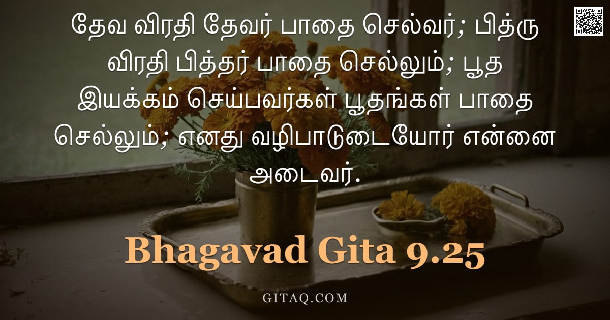பகவத் கீதை 9.25 — "தேவ விரதி தேவர் பாதை செல்வர்; பித்ரு விரதி பித்தர் பாதை செல்லும்; பூத இயக்கம் செய்பவர்கள் பூதங்கள் ப"
